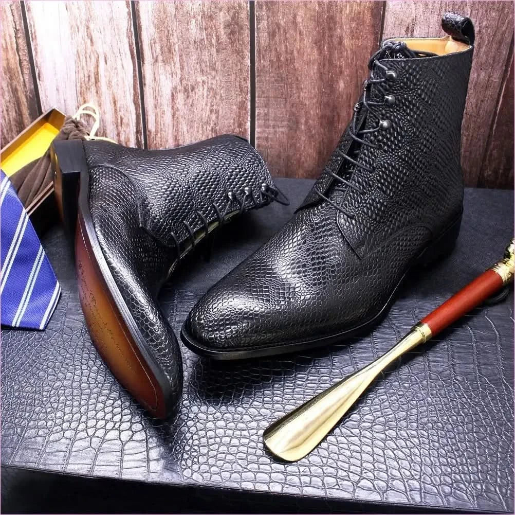 Trendy Black Real Leather Pointed Toe Boots with Snakeskin Texture - Pleasures and Sins