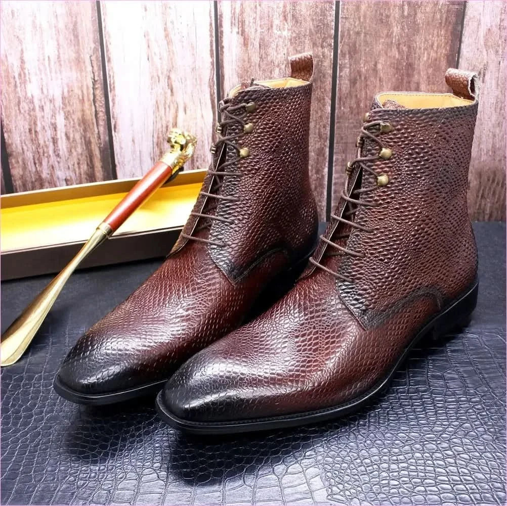 Trendy Black Real Leather Pointed Toe Boots with Snakeskin Texture - Pleasures and Sins