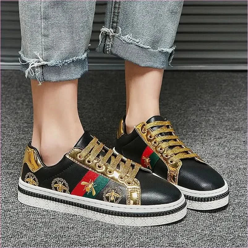 Trendy Breathable Board Shoes with Gold Accents and Floral Design - Pleasures and Sins