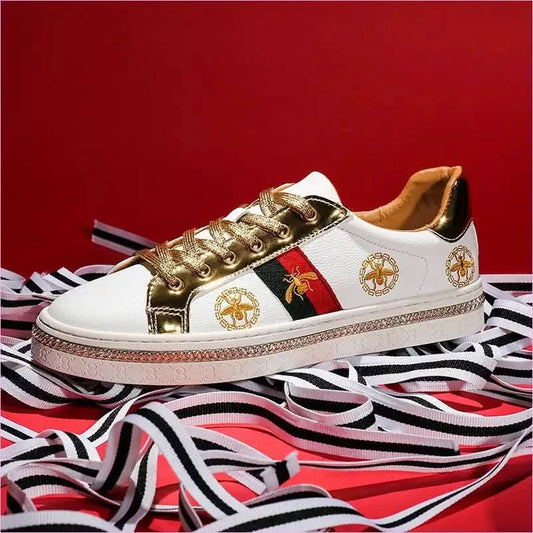 Trendy Breathable Board Shoes with Gold Accents and Floral Design - Pleasures and Sins