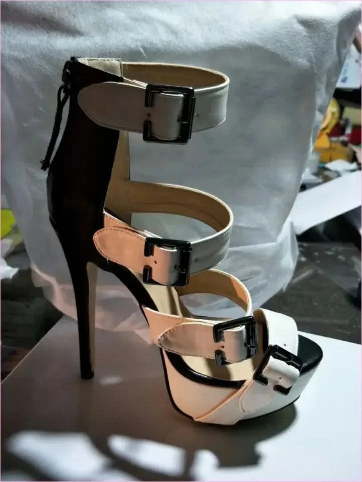 Two Tone Multi Buckle Open Toe Platform Sandals - Pleasures and Sins