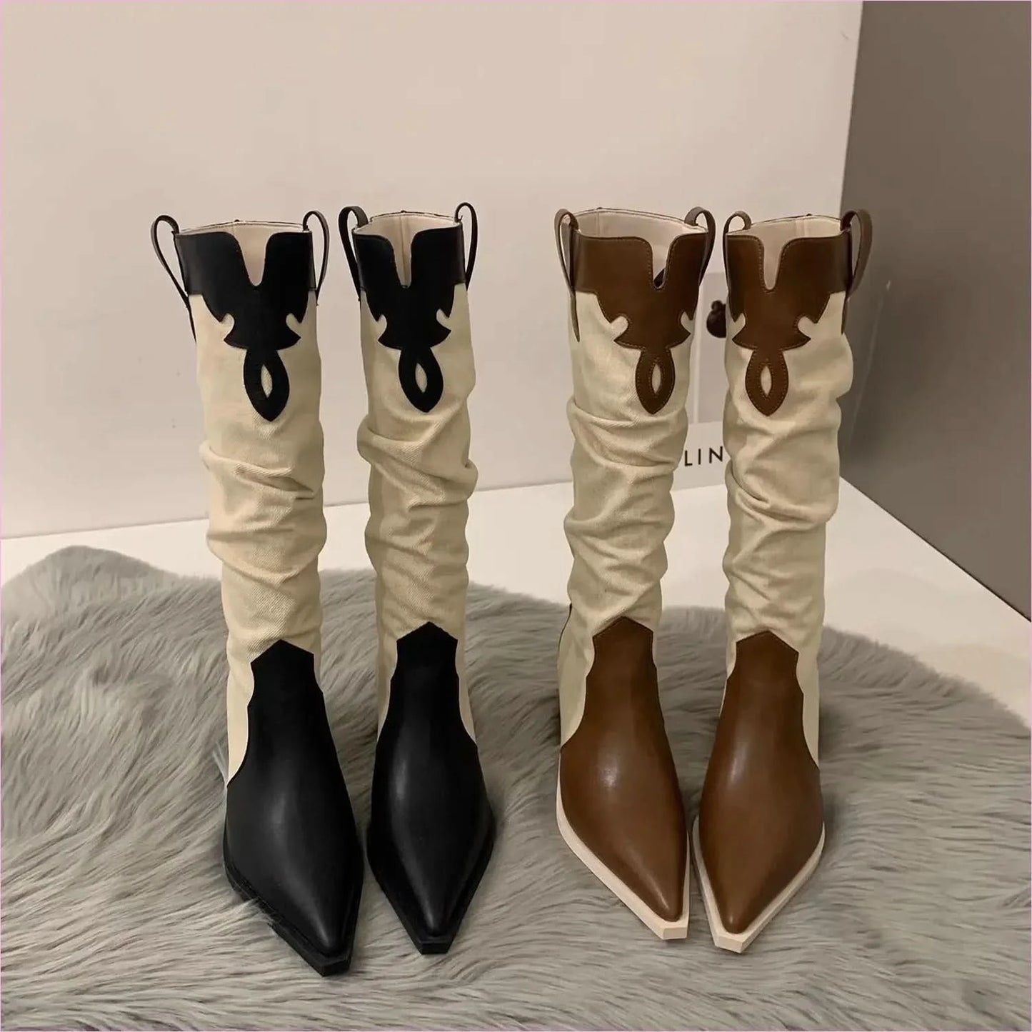 Two-tone Pointed Toe Denim Ladies Western Cowboy Boots - Pleasures and Sins
