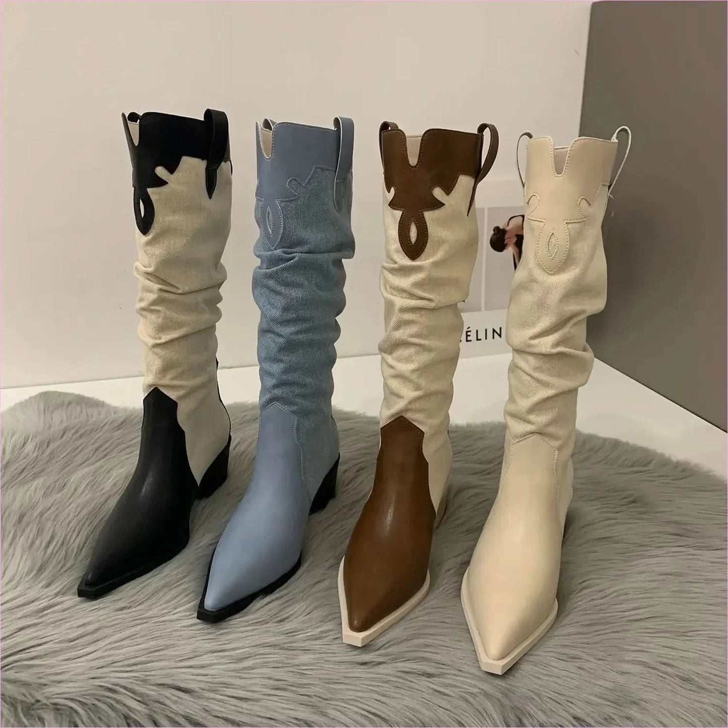 Two-tone Pointed Toe Denim Ladies Western Cowboy Boots - Pleasures and Sins
