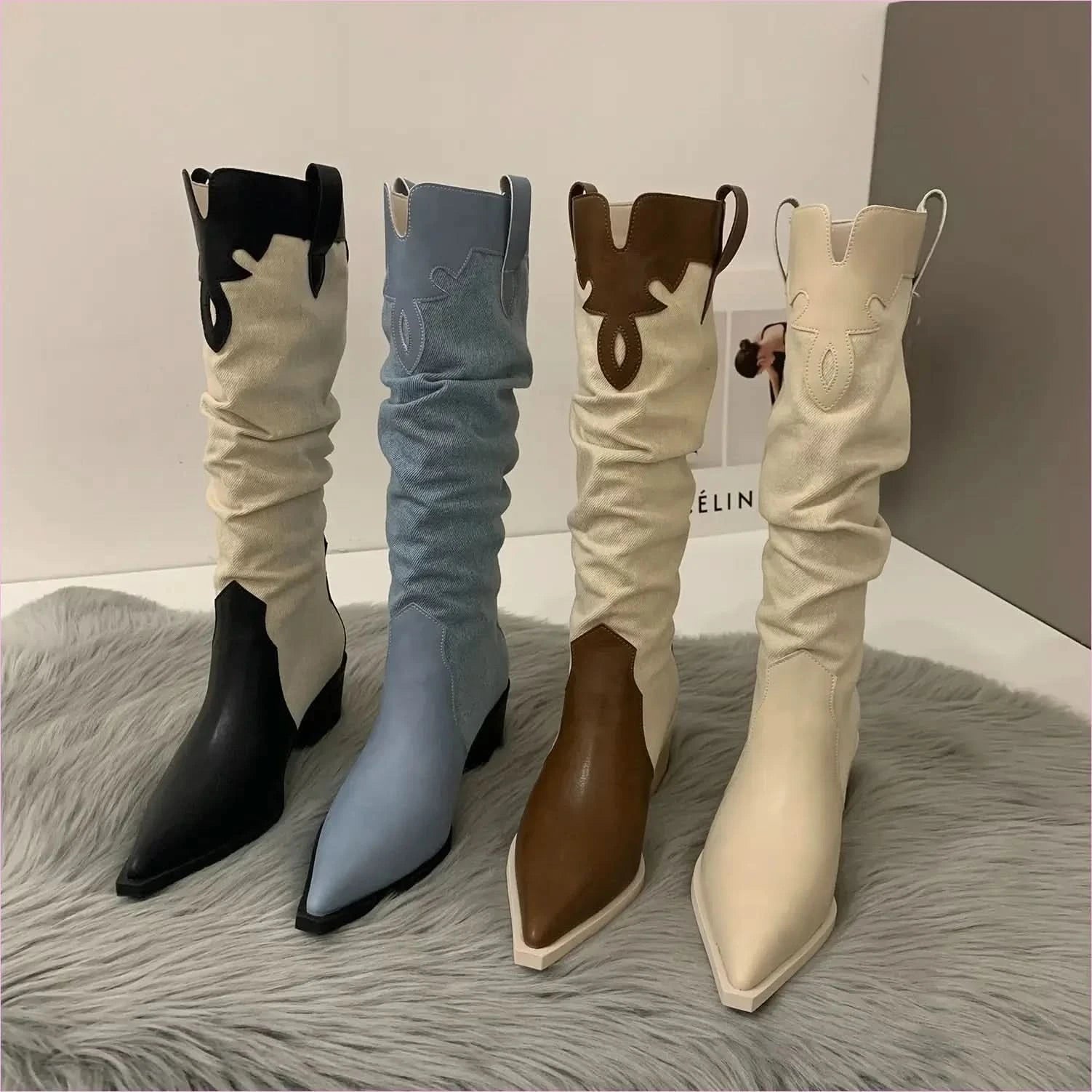 Two-tone Pointed Toe Denim Ladies Western Cowboy Boots - Pleasures and Sins