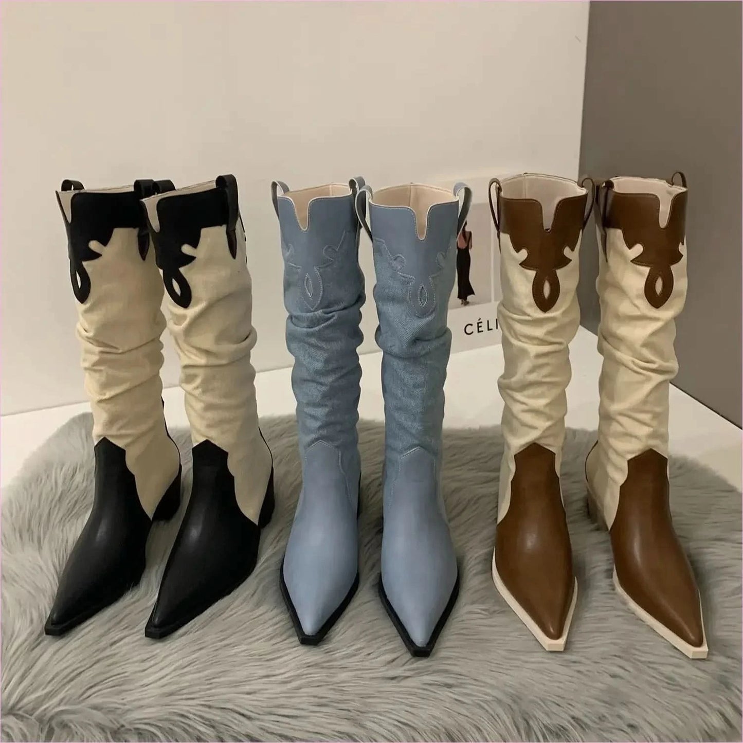 Two-tone Pointed Toe Denim Ladies Western Cowboy Boots - Pleasures and Sins