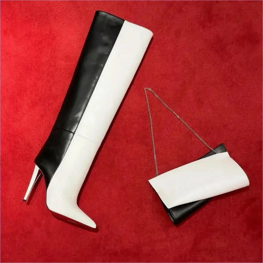 Two Tone Slim High Heel Pointed Toe Knee Length Boots - Pleasures and Sins