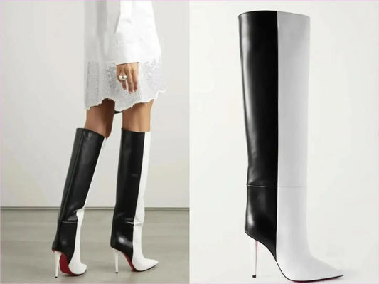 Two Tone Slim High Heel Pointed Toe Knee Length Boots - Pleasures and Sins