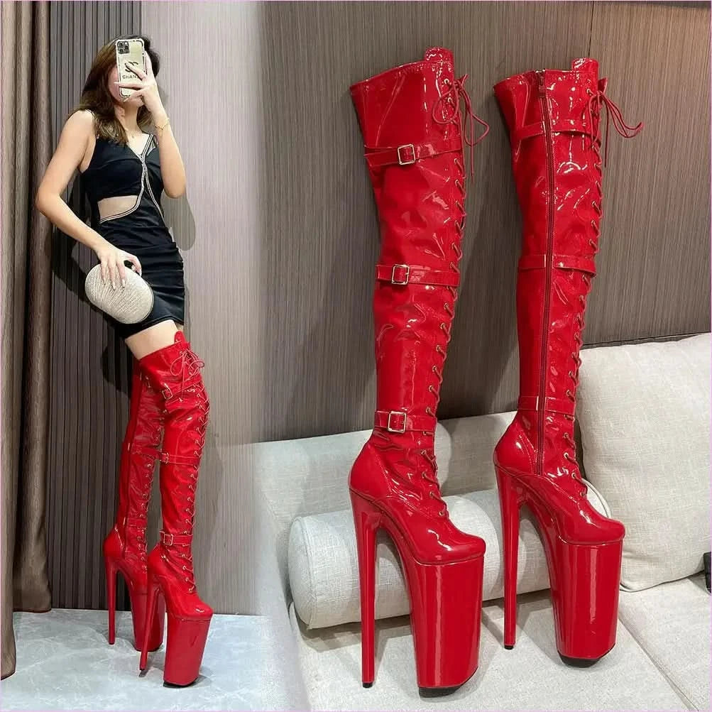 Ultra High Heel Multi Buckle High Platform Patent Boots - Pleasures and Sins