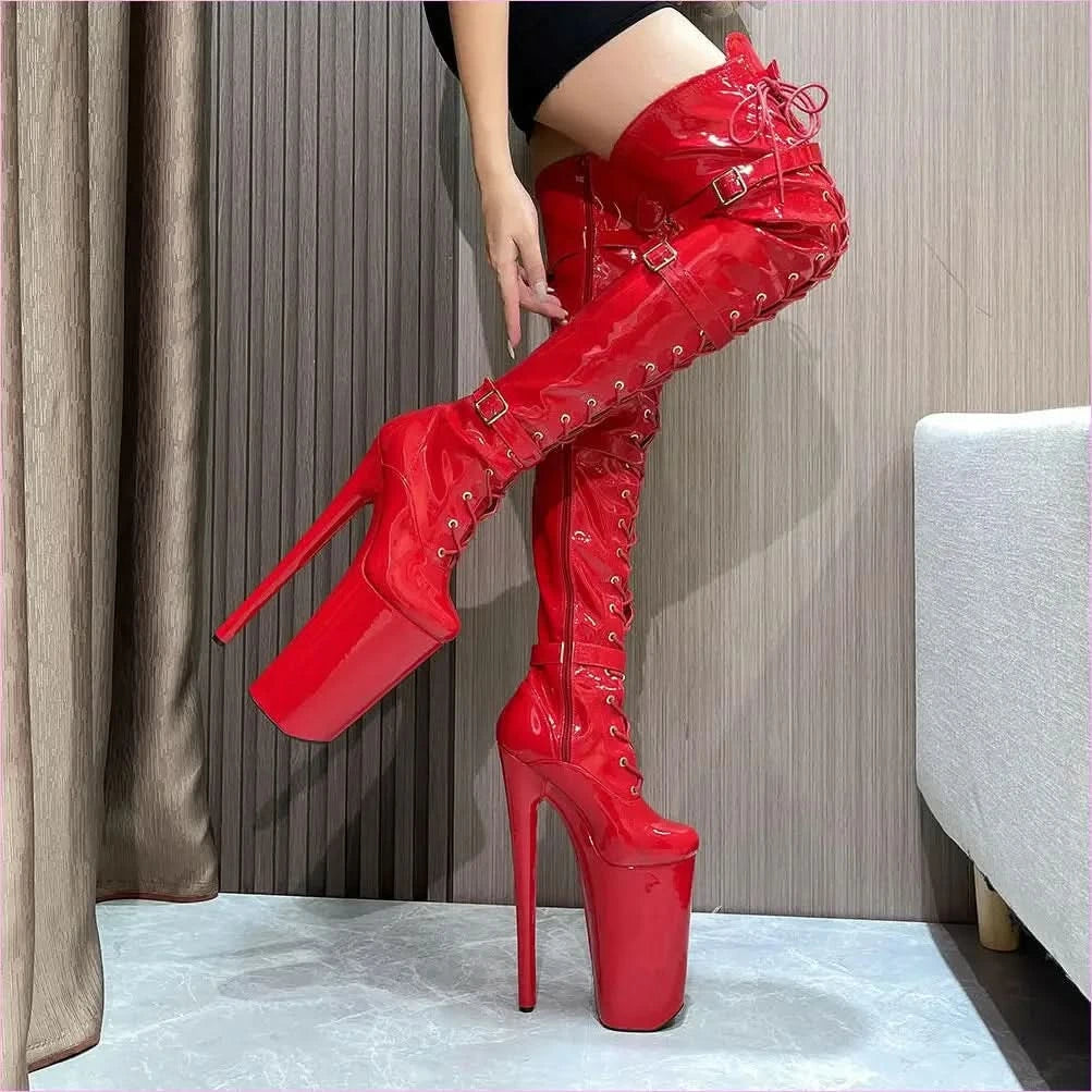Ultra High Heel Multi Buckle High Platform Patent Boots - Pleasures and Sins