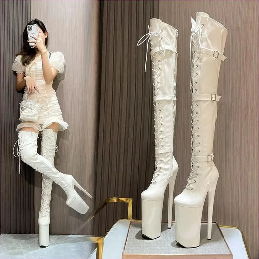 Ultra High Heel Multi Buckle High Platform Patent Boots - Pleasures and Sins