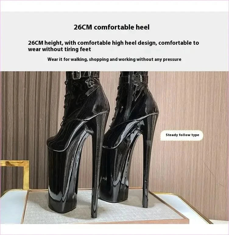Ultra High Heel Multi Buckle High Platform Patent Boots - Pleasures and Sins