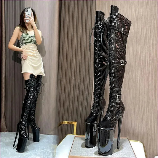 Ultra High Heel Multi Buckle High Platform Patent Boots - Pleasures and Sins
