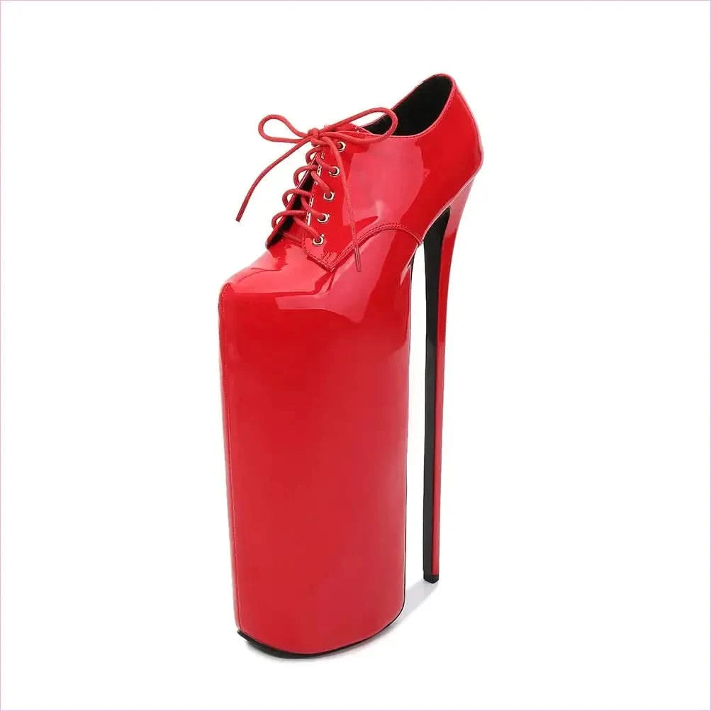 Ultra High Platform Stiletto Heel Lace Up Shoes in Glossy Black - Pleasures and Sins