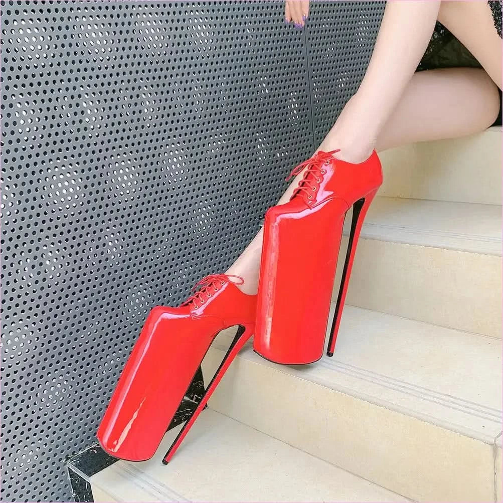 Ultra High Platform Stiletto Heel Lace Up Shoes in Glossy Black - Pleasures and Sins
