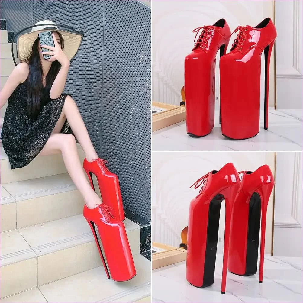 Ultra High Platform Stiletto Heel Lace Up Shoes in Glossy Black - Pleasures and Sins