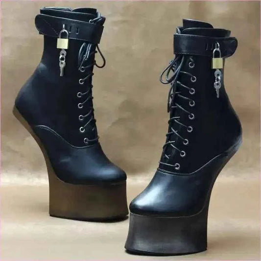 Unique Heel-less Hoof Lace Up Cosplay Lockable Boots in Black - Pleasures and Sins