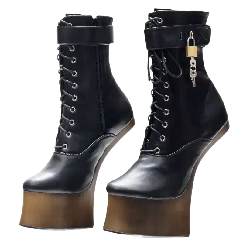 Unique Heel-less Hoof Lace Up Cosplay Lockable Boots in Black - Pleasures and Sins