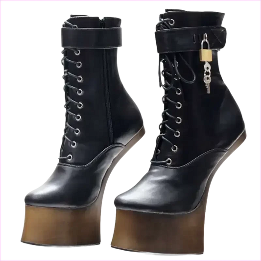 Unique Heel-less Hoof Lace Up Cosplay Lockable Boots in Black - Pleasures and Sins