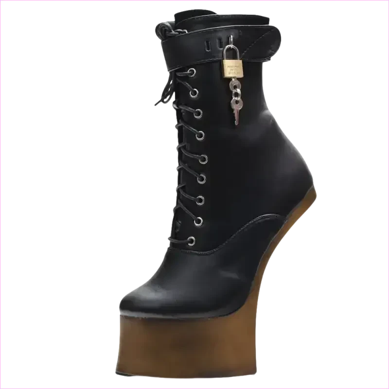 Unique Heel-less Hoof Lace Up Cosplay Lockable Boots in Black - Pleasures and Sins