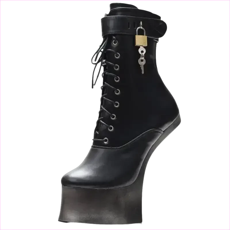 Unique Heel-less Hoof Lace Up Cosplay Lockable Boots in Black - Pleasures and Sins