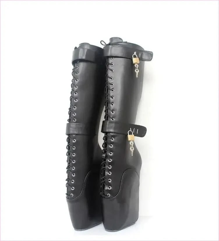 Unique Knee-high Lace Up Ballet Boots with padlock - Pleasures and Sins