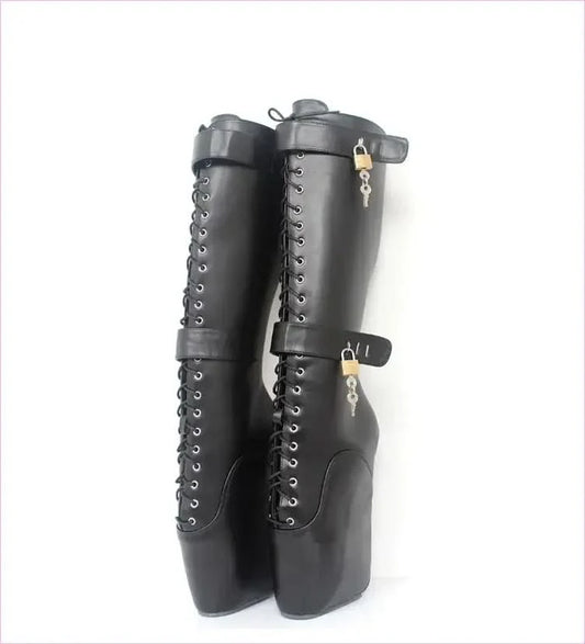 Unique Knee-high Lace Up Ballet Boots with padlock - Pleasures and Sins
