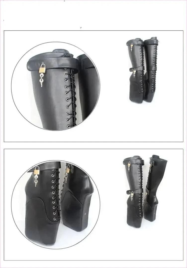 Unique Knee-high Lace Up Ballet Boots with padlock - Pleasures and Sins