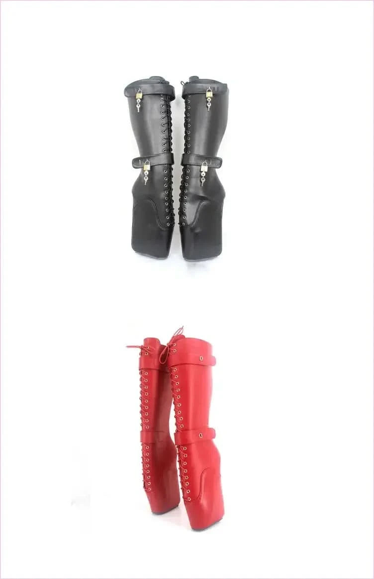 Unique Knee-high Lace Up Ballet Boots with padlock - Pleasures and Sins