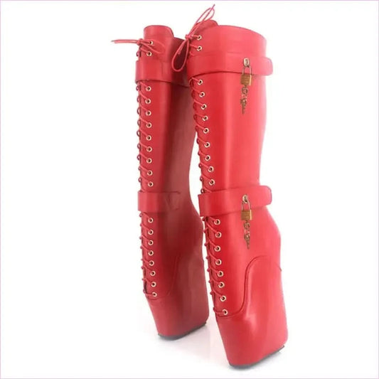 Unique Knee-high Lace Up Ballet Boots with padlock - Pleasures and Sins