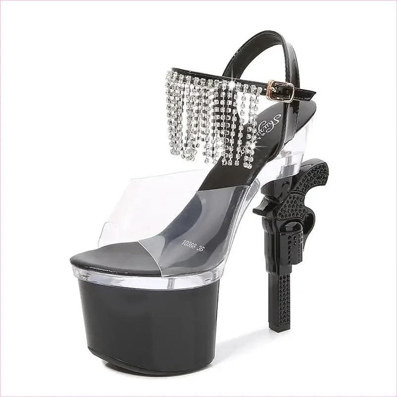 Unique Revolver Shaped Heel Transparent Platform Sandals with Rhinestones - Pleasures and Sins