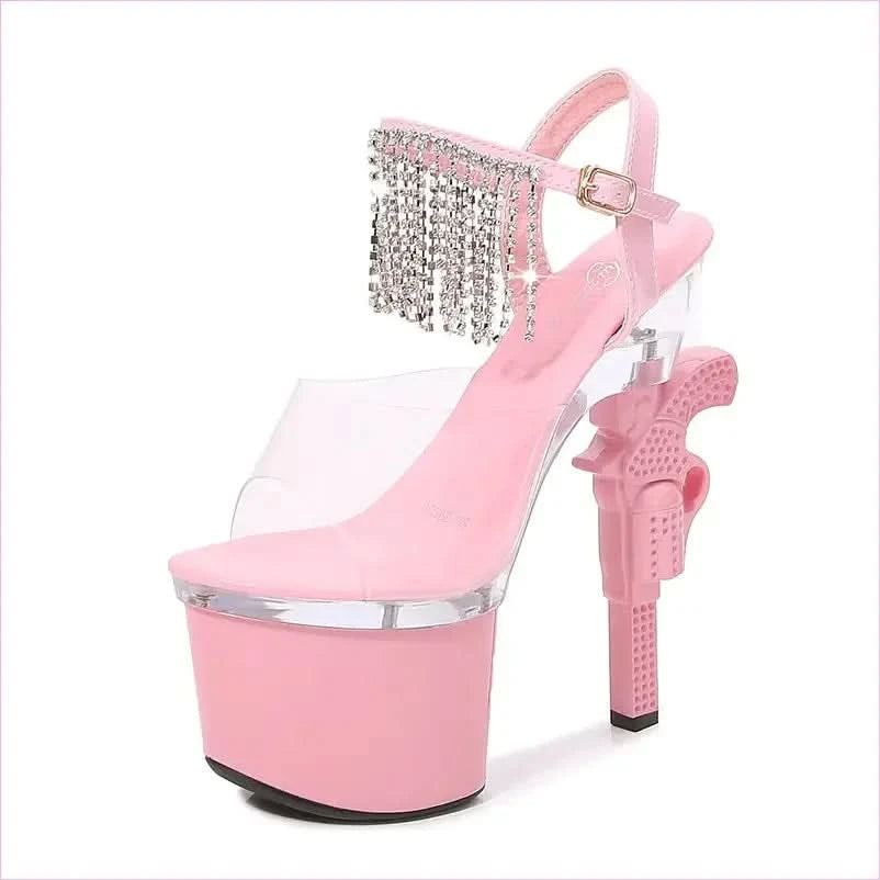 Unique Revolver Shaped Heel Transparent Platform Sandals with Rhinestones - Pleasures and Sins