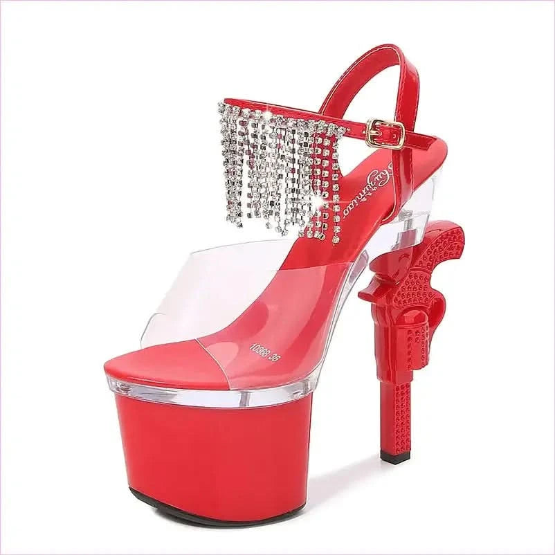 Unique Revolver Shaped Heel Transparent Platform Sandals with Rhinestones - Pleasures and Sins