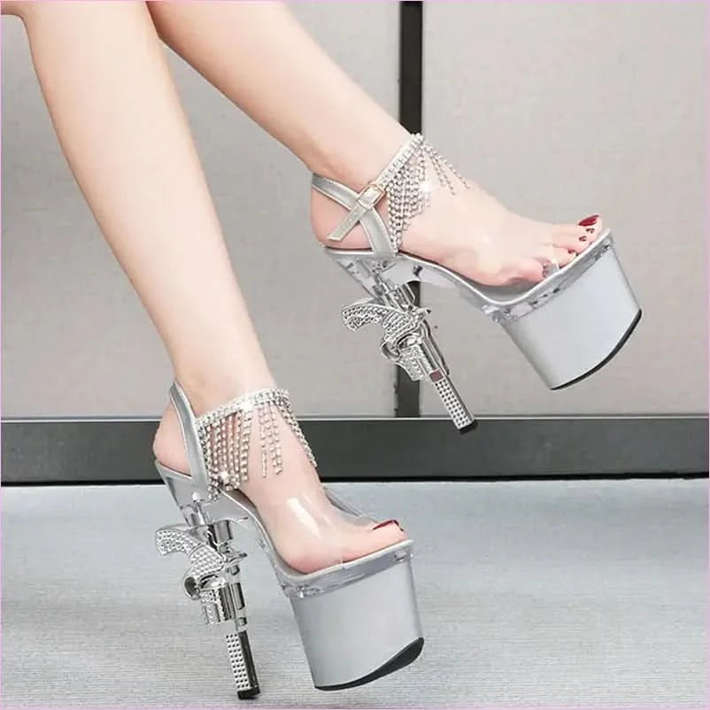 Unique Revolver Shaped Heel Transparent Platform Sandals with Rhinestones - Pleasures and Sins
