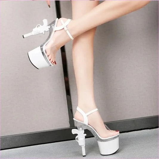 Unique Revolver Shaped Heel Transparent Platform Sandals with Rhinestones - Pleasures and Sins