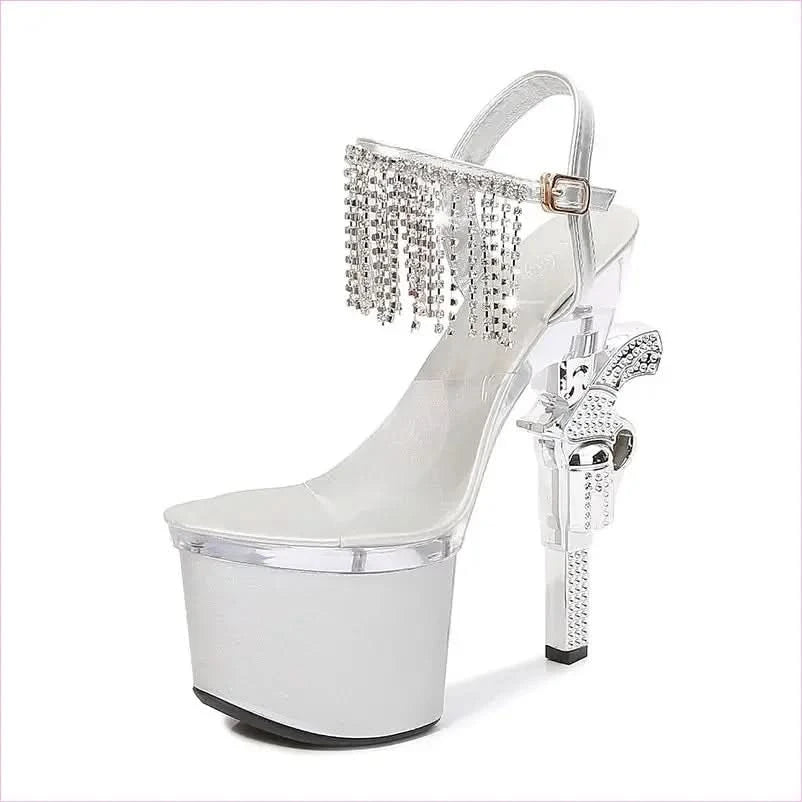 Unique Revolver Shaped Heel Transparent Platform Sandals with Rhinestones - Pleasures and Sins