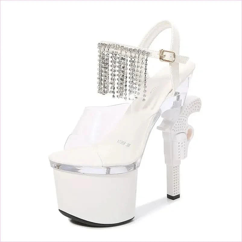 Unique Revolver Shaped Heel Transparent Platform Sandals with Rhinestones - Pleasures and Sins