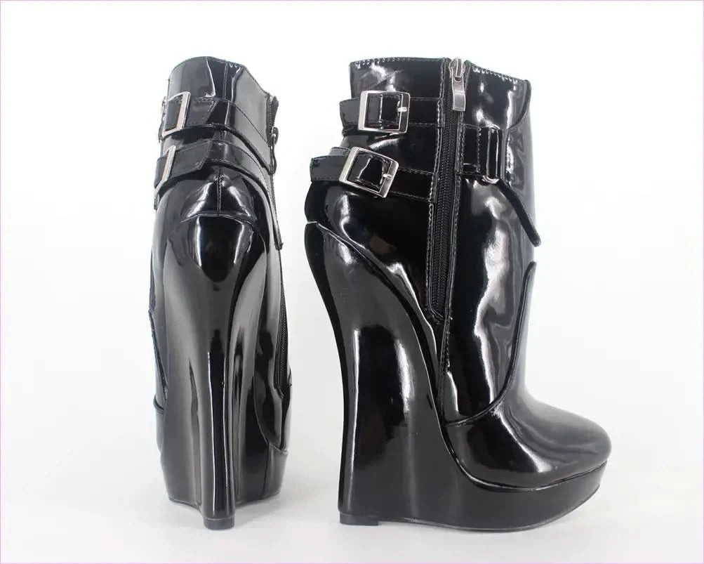 Unisex Black Patent Multi Buckle Platform Ankle Boots for Bold Style - Pleasures and Sins