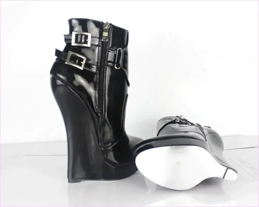 Unisex Black Patent Multi Buckle Platform Ankle Boots for Bold Style - Pleasures and Sins