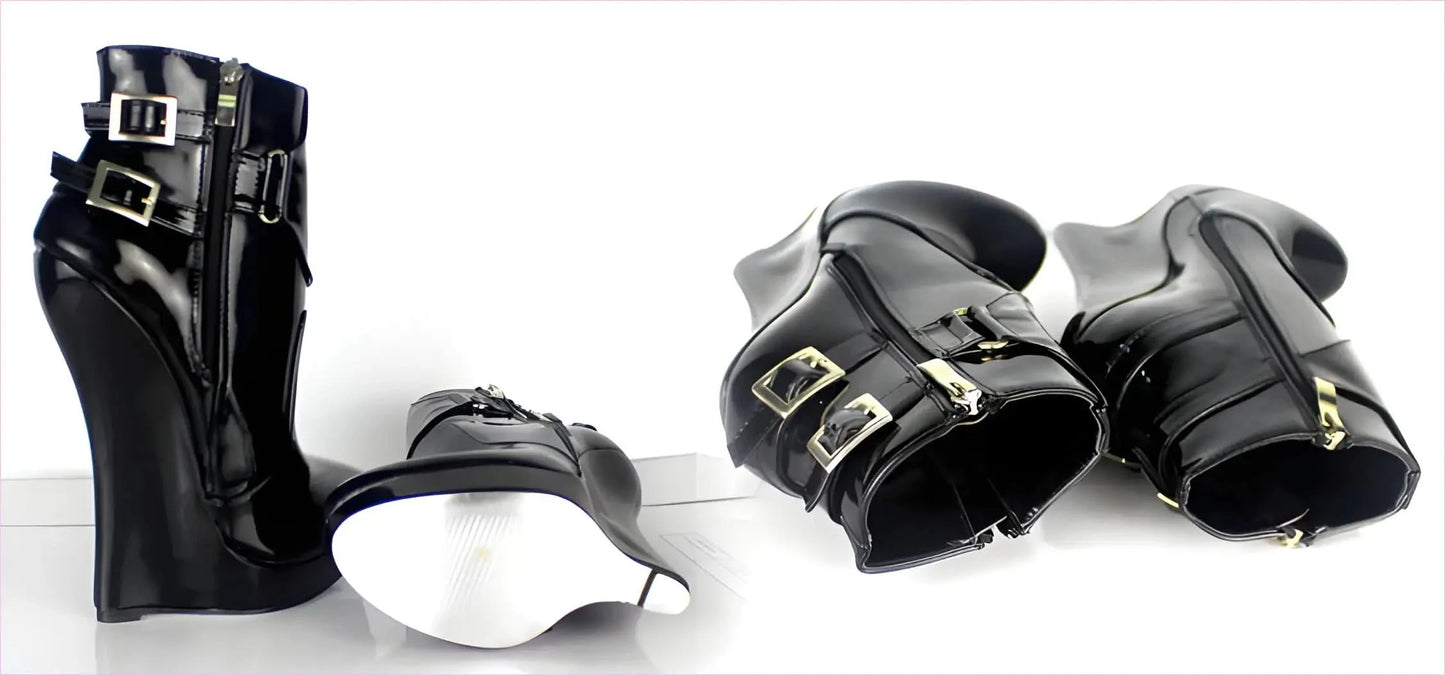 Unisex Black Patent Multi Buckle Platform Ankle Boots for Bold Style - Pleasures and Sins