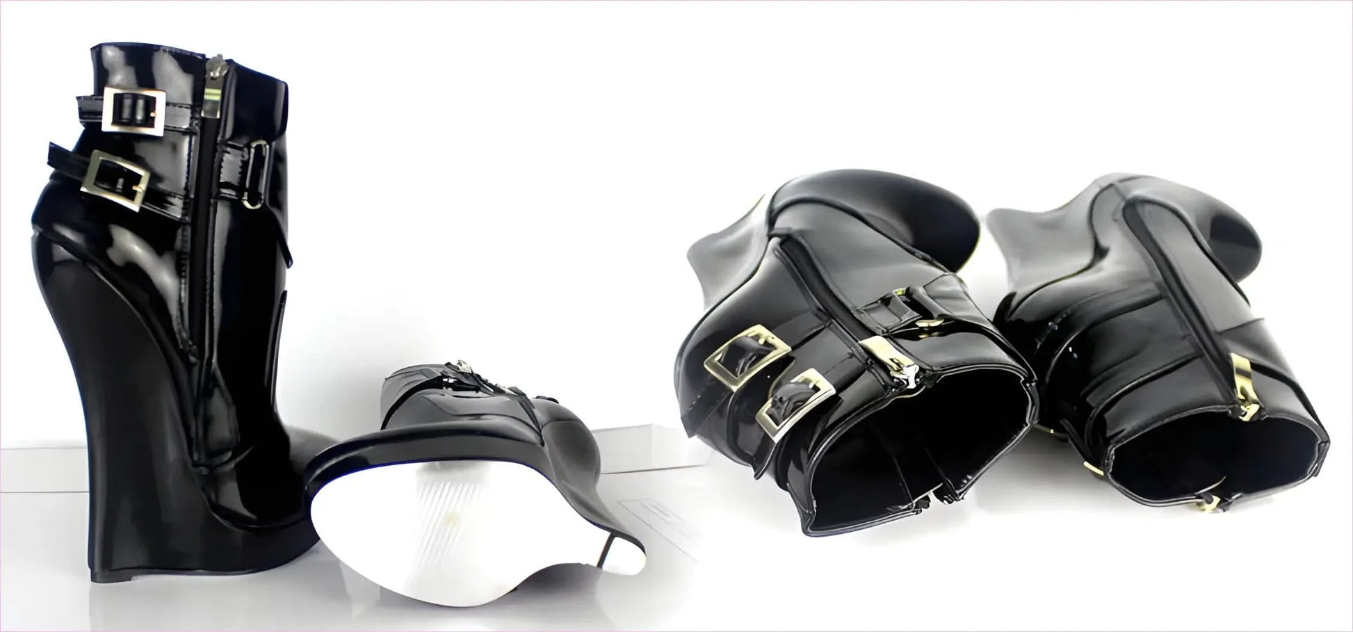 Unisex Black Patent Multi Buckle Platform Ankle Boots for Bold Style - Pleasures and Sins