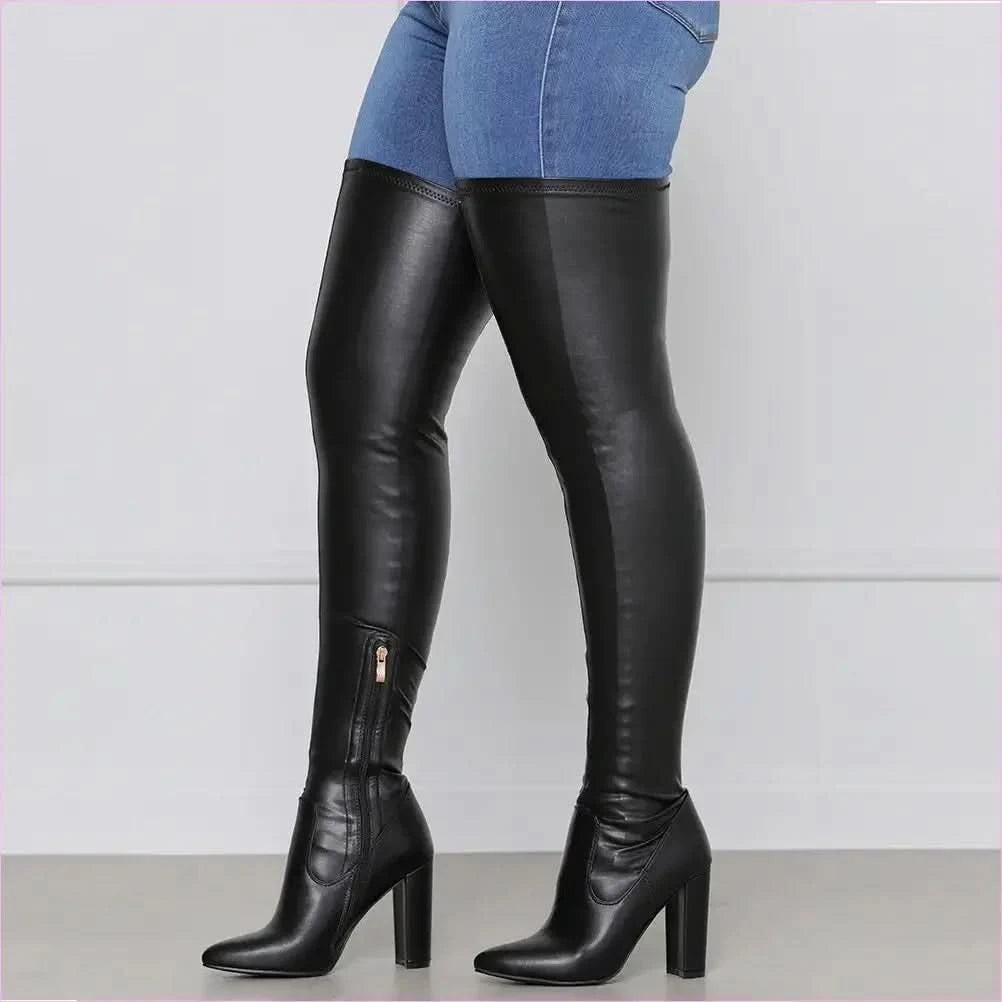 Unisex High Chunky Heel Long Tight Thigh Boots for Stylish Confidence - Pleasures and Sins