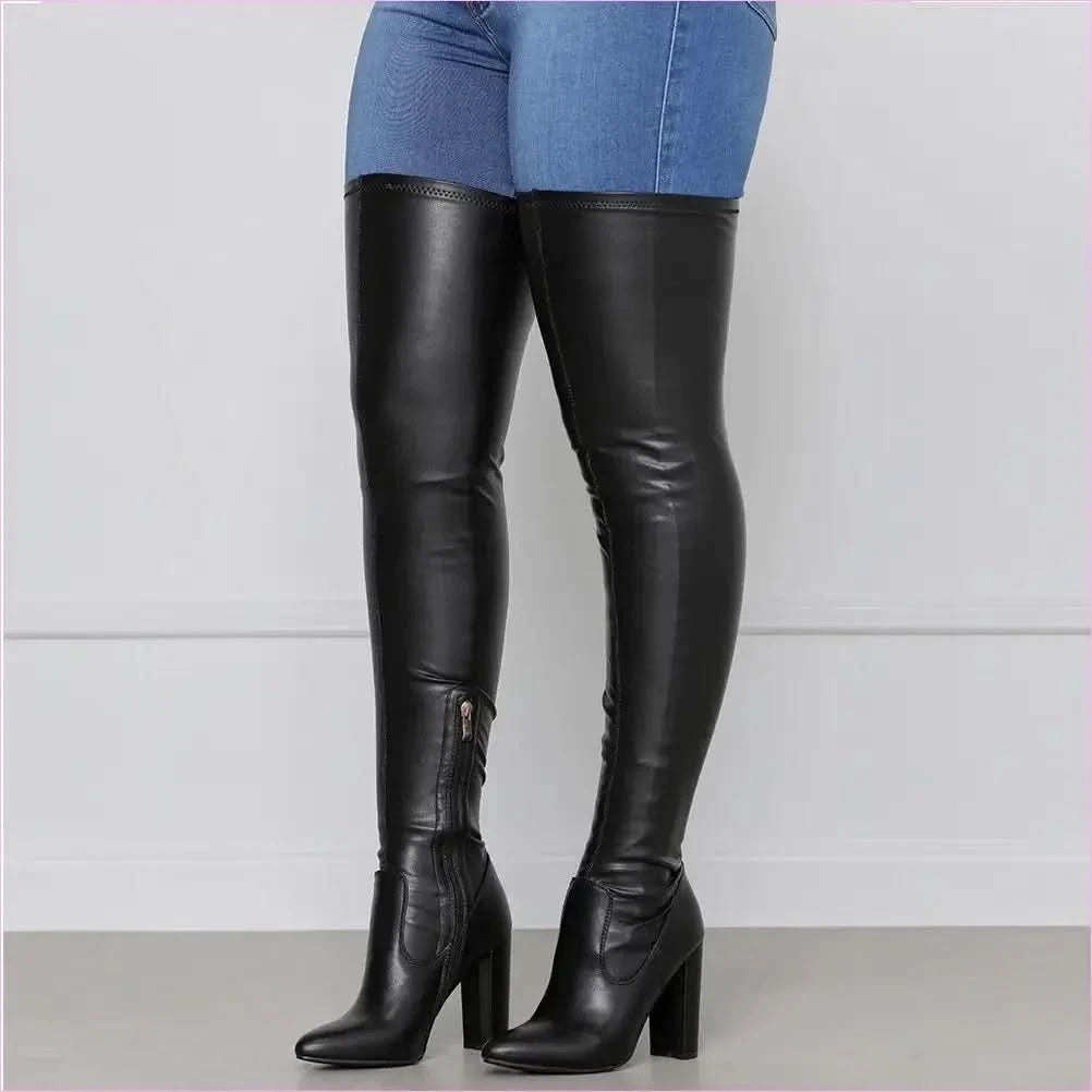 Unisex High Chunky Heel Long Tight Thigh Boots for Stylish Confidence - Pleasures and Sins