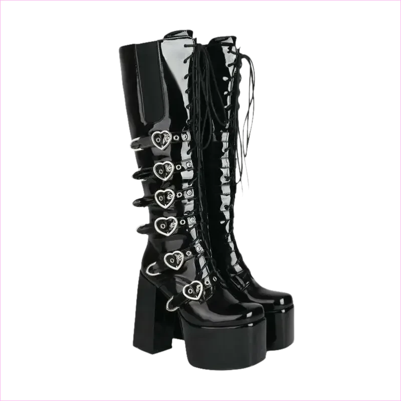 Unisex High Heel Punk Lace-up Multi Buckle Platform Boots - Pleasures and Sins