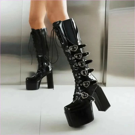 Unisex High Heel Punk Lace-up Multi Buckle Platform Boots - Pleasures and Sins