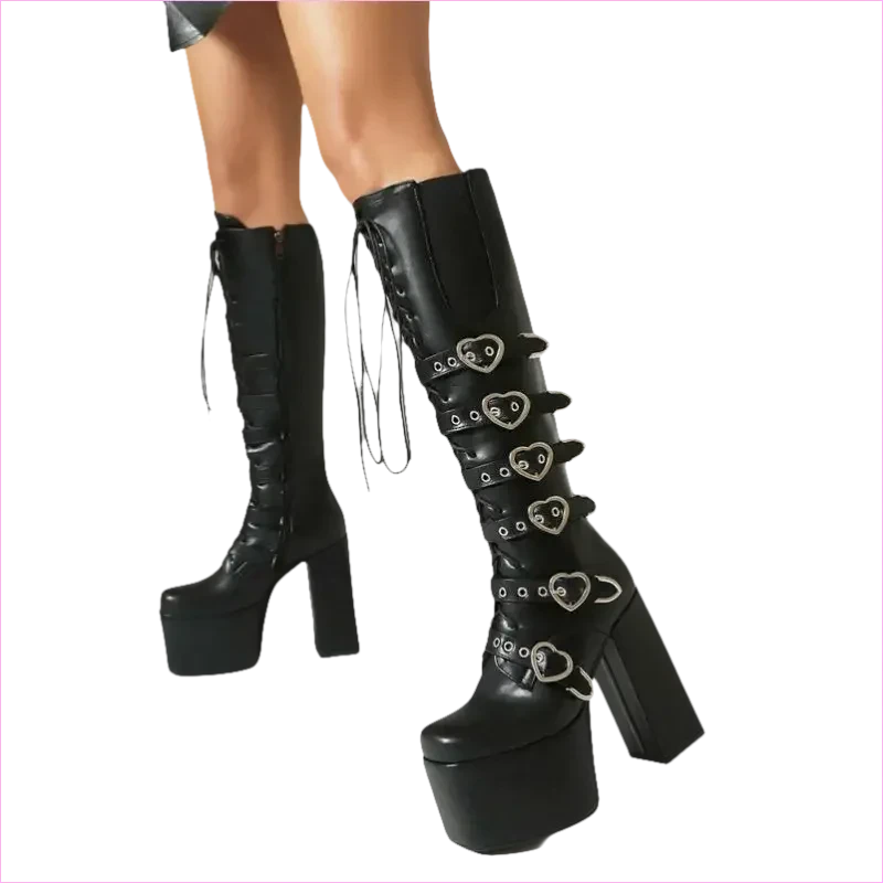 Unisex High Heel Punk Lace-up Multi Buckle Platform Boots - Pleasures and Sins