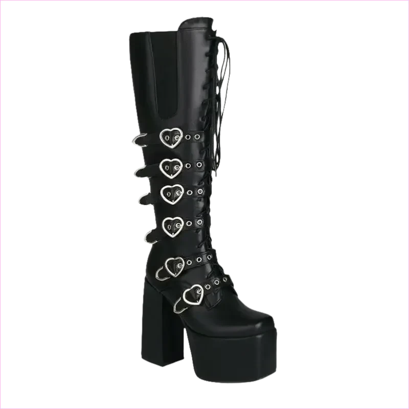 Unisex High Heel Punk Lace-up Multi Buckle Platform Boots - Pleasures and Sins