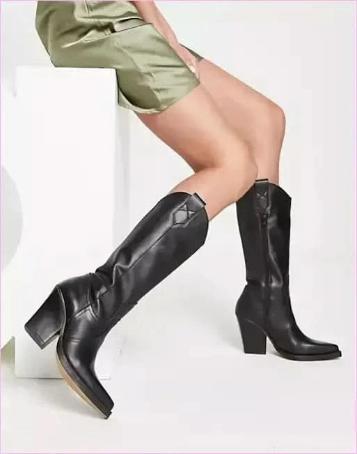 Unisex Knee High Cowboy Boots with Pointed Toe and Wedge Heels - Pleasures and Sins