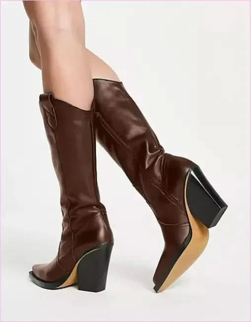 Unisex Knee High Cowboy Boots with Pointed Toe and Wedge Heels - Pleasures and Sins