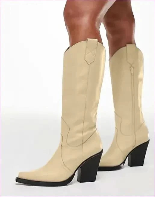 Unisex Knee High Cowboy Boots with Pointed Toe and Wedge Heels - Pleasures and Sins