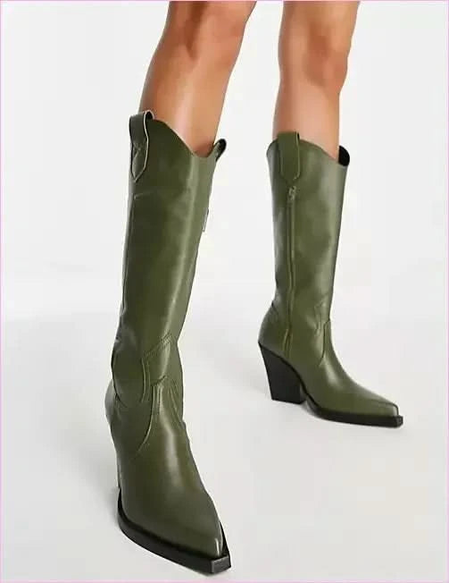 Unisex Knee High Cowboy Boots with Pointed Toe and Wedge Heels - Pleasures and Sins
